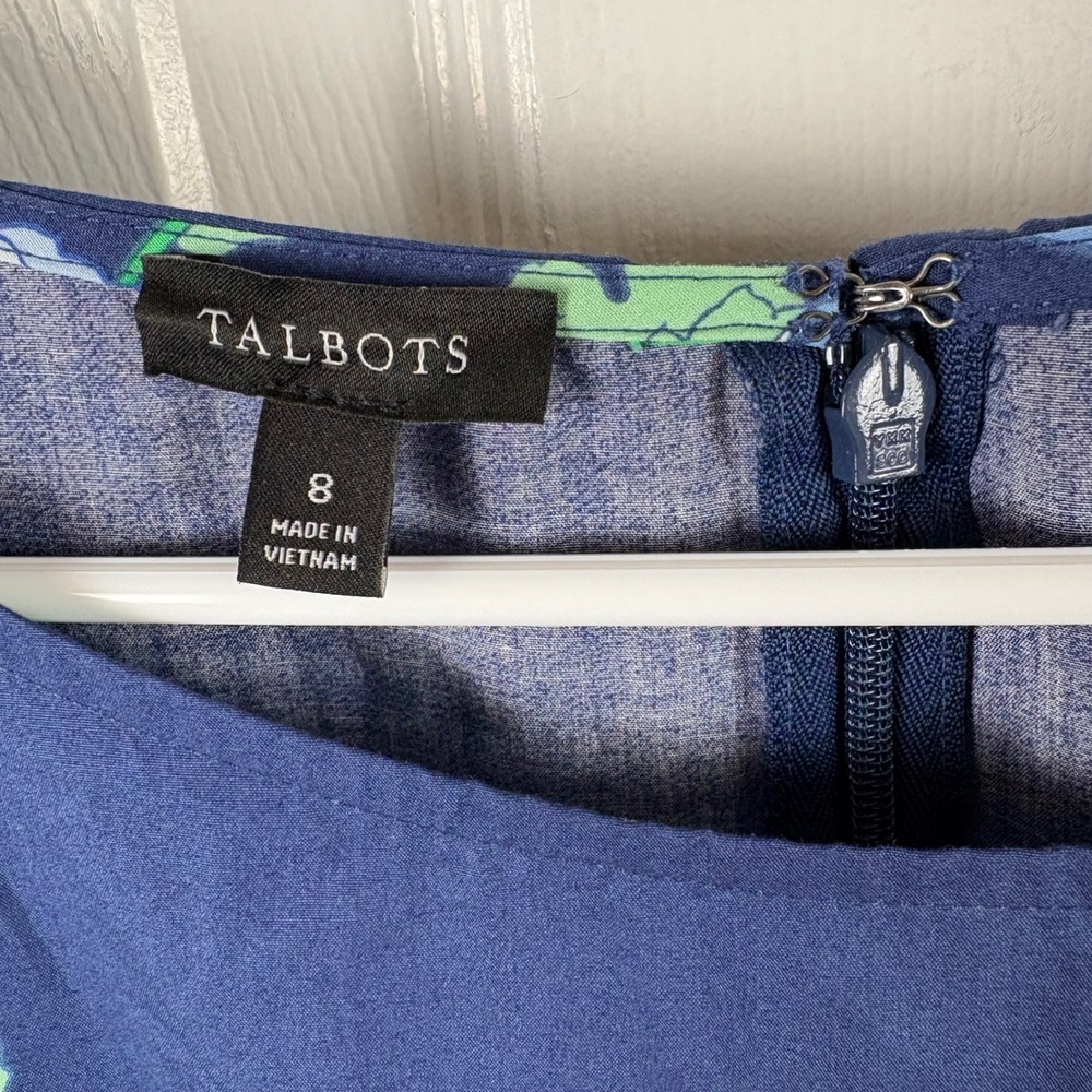 Talbots Floral Cotton Midi Dress 8 Blue Green Fit Flare Pockets Garden Party - Picture 2 of 7